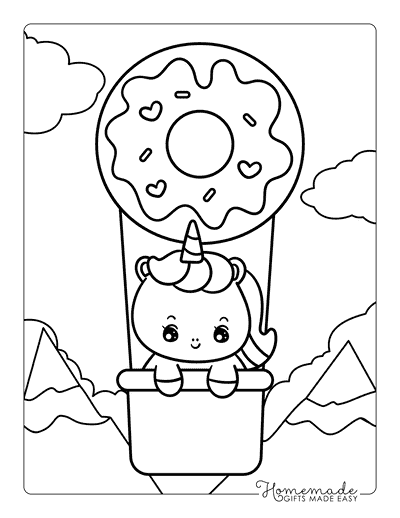 Donut Coloring Pages Cute Unicorn in Donut Hot Air Balloon