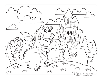 Dragon Coloring Pages Horned Dragon Near Castle Cartoon