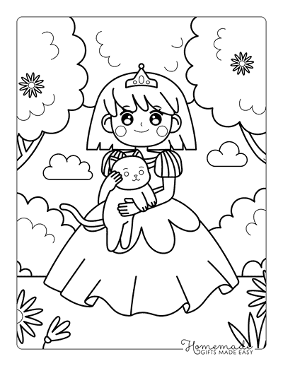 Dress Coloring Pages Kawaii Princess in Ball Gown Holding a Cat