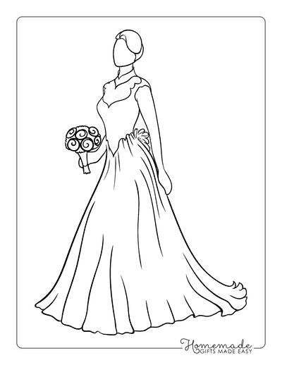 Dress Coloring Pages Simple Elegant Bride Wedding Dress With Bouquet