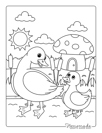 Duck Coloring Pages Spring Duck and Duckling With Mushroom House