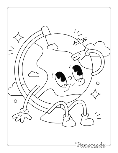 Earth Coloring Pages Adorable Cartoon Globe Watching Airplane