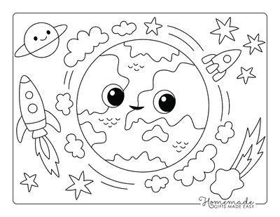 Earth Coloring Pages Cute Planet Earth From Space With Rockets
