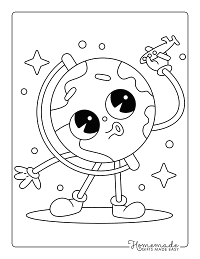 Earth Coloring Pages Funny Cartoon Globe Playing With Airplane