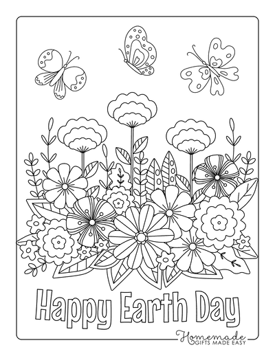 Earth Day Coloring Pages Flowers Butterflies Doodle