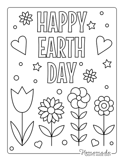 Earth Day Coloring Pages Happy Flowers Hearts Sign