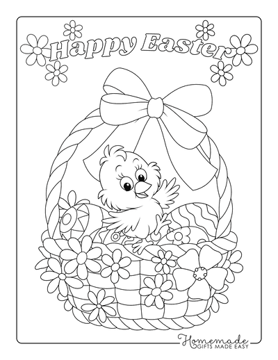 Easter Coloring Pages Basket With Bow Eggs Chick