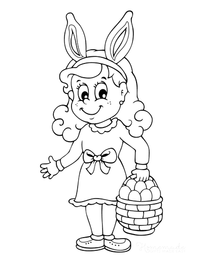 Easter Coloring Pages Cartoon Girl Bunny Ears Eggs