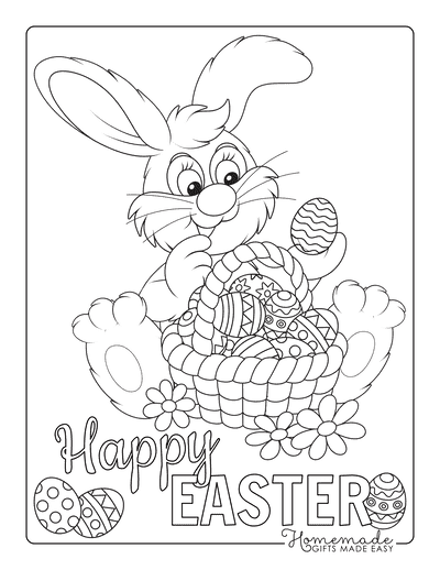 Easter Coloring Pages Cute Bunny Sitting With Basket of Eggs