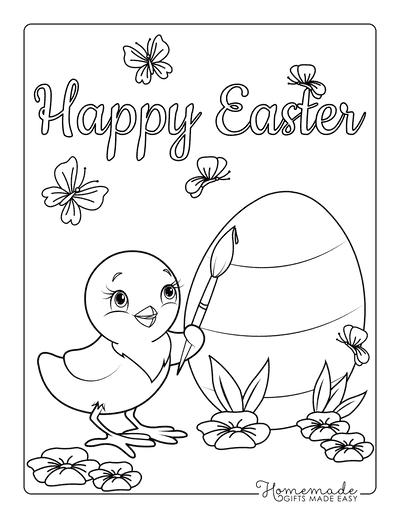Easter Coloring Pages Cute Chick Painting Egg Butterflies