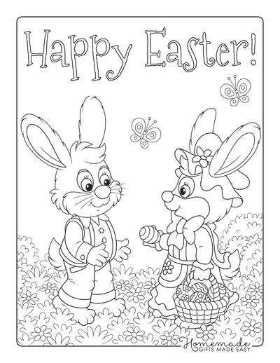 Easter Coloring Pages Happy Easter Bunnies Egg Basket Flowers