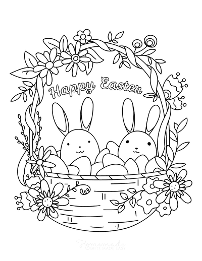 Easter Coloring Pages Happy Easter Cute Basket Eggs Flowers