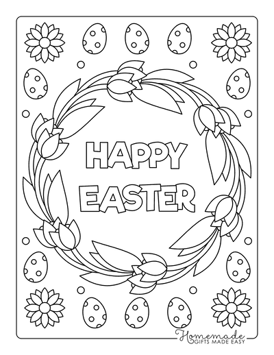 Easter Coloring Pages Happy Easter Tulip Wreath Flowers