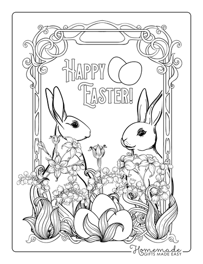 Easter Coloring Pages Vintage Happy Easter Rabbits Eggs Flowers