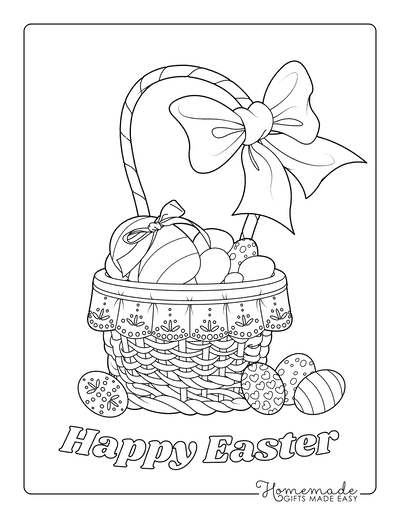 Easter Egg Coloring Pages Basket With Bow Patterned Eggs