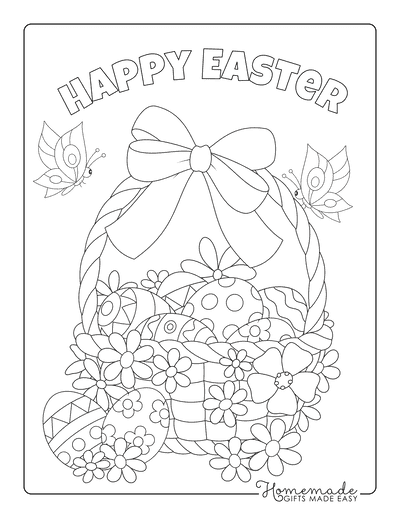 Easter Egg Coloring Pages Basket With Bow Spring Flowers