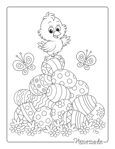 Easter Egg Coloring Pages Chick on Pile Eggs Spring Flowers