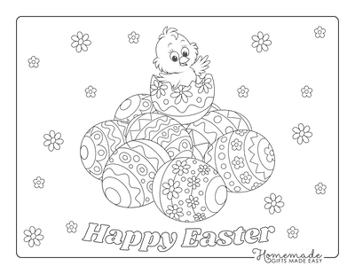 Easter Egg Coloring Pages Cute Chick on Pile Patterned Eggs