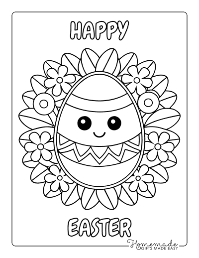 Easter Egg Coloring Pages Kawaii Easter Egg With Leaves and Flowers