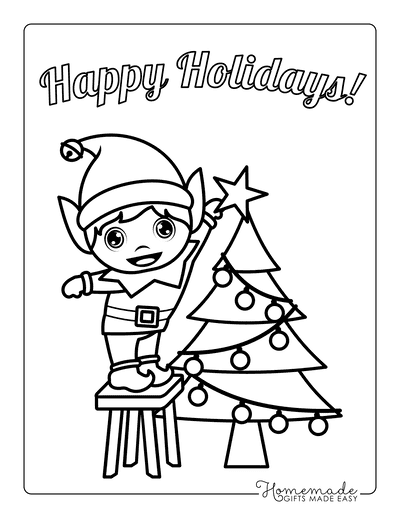 Elf Coloring Pages Decorating Tree Happy Holidays
