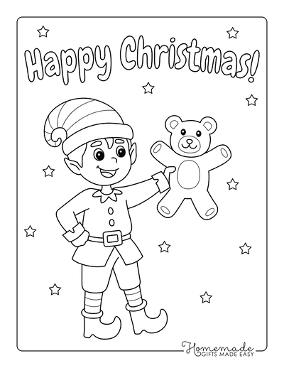 Elf Coloring Pages With Teddy Bear Happy Christmas
