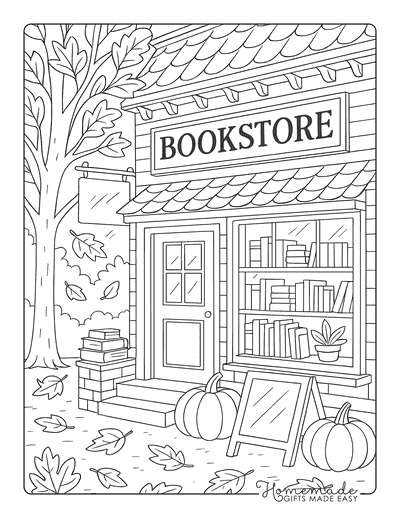 Fall Coloring Pages Aesthetic Bookstore in Fall