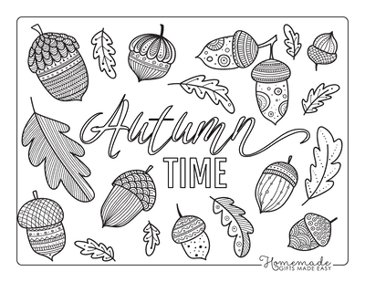 Fall Coloring Pages Autumn Acorn Oak Leaf Doodle for Adults