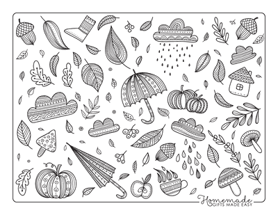 Fall Coloring Pages Autumn Doodle Leaves Umbrellas for Adults