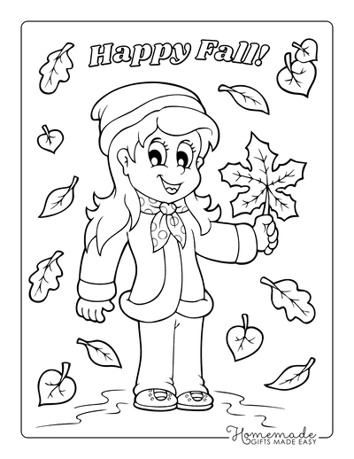 Fall Coloring Pages Autumn Girl in Falling Leaves