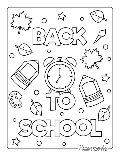 Fall Coloring Pages Back to School Clock Pencils Stars