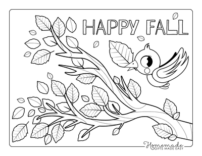 Fall Coloring Pages Bird Tree Branch Fall Leaves