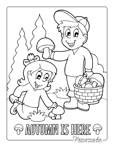 Fall Coloring Pages Boy Girl Foraging for Mushrooms