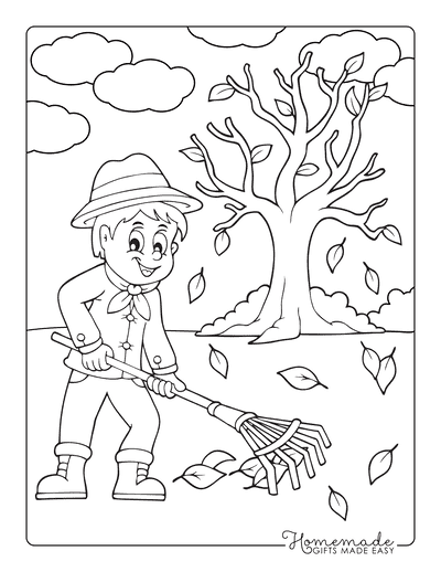 Fall Coloring Pages Boy Raking Fallen Leaves