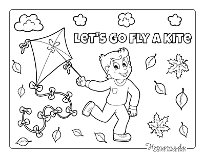 Fall Coloring Pages Boy Running Through Leaves Flying Kite