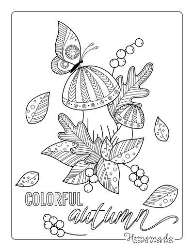 Fall Coloring Pages Butterfly Mushrooms Fallen Leaves