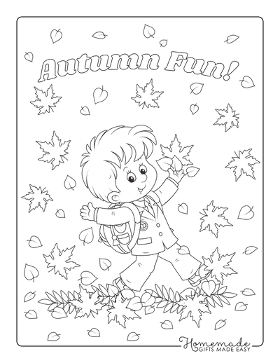 Fall Coloring Pages Child Walking Through Leaves