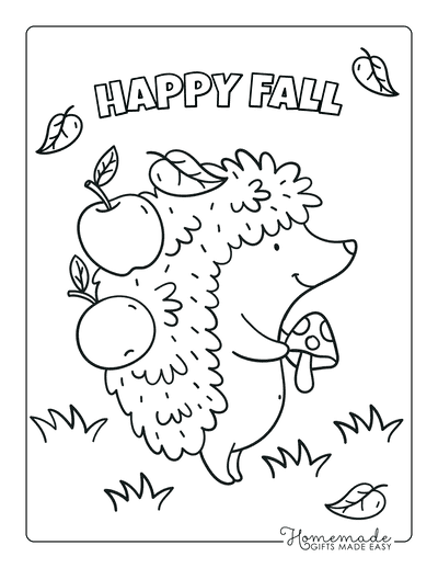 Fall Coloring Pages Cute Autumn Hedgehog Apples Mushrooms