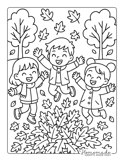 Fall Coloring Pages Cute Kids Jumping in Fall Leaves