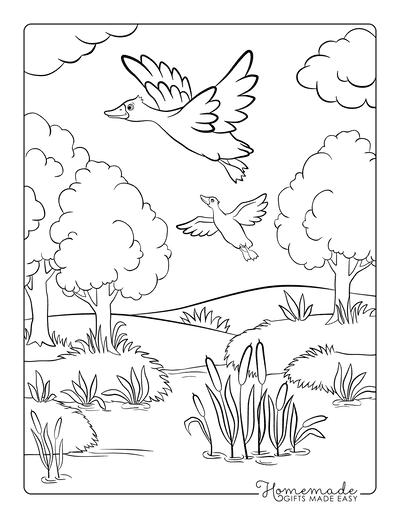 Fall Coloring Pages Ducks Flying Near Lake