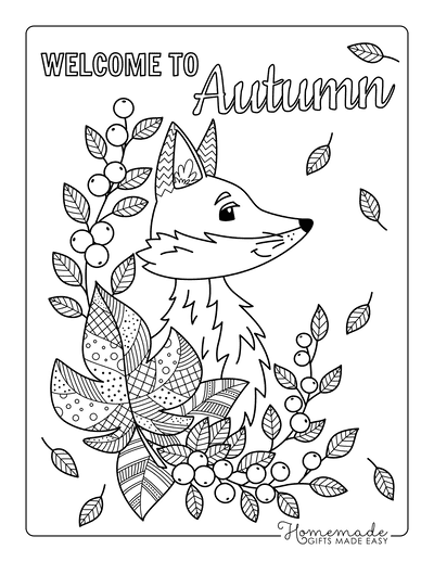 Fall Coloring Pages Fox Fallen Leaves Berries for Adults