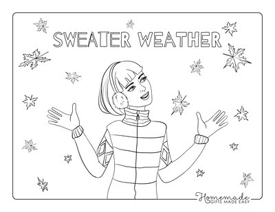 Fall Coloring Pages Girl Standing in the Falling Leaves