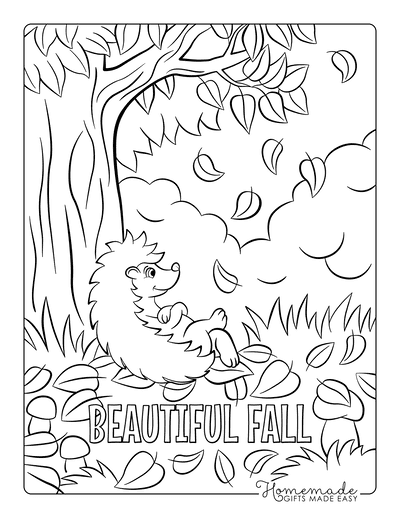 Fall Coloring Pages Hedgehog Falling Leaves Mushrooms
