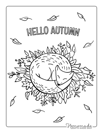 Fall Coloring Pages Hello Autumn Fox Sleeping in Leaves