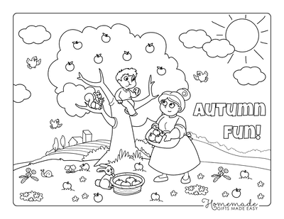 Fall Coloring Pages Picking the Apples Mother Child