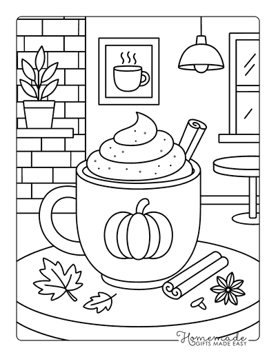 Fall Coloring Pages Pumpkin Spice Latte in Cozy Cafe