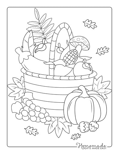 Fall Coloring Pages Simple Autumn Harvest Basket Grapes Mushroom Pumpkin Corn
