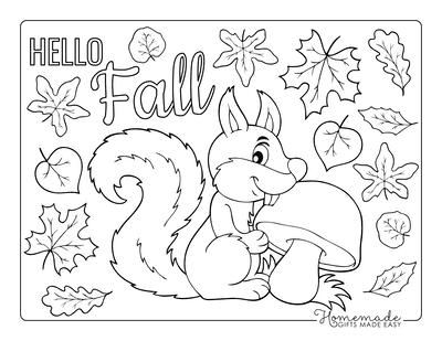 Fall Coloring Pages Squirrel With Mushroom Falling Leaves