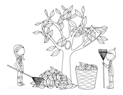 Fall Coloring Pages Sweeping up Fallen Leaves Into Basket