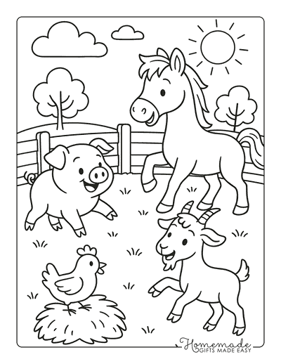 Farm Animal Coloring Pages Cute Animals Playing in Pasture