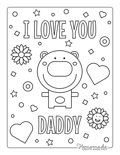 Fathers Day Coloring Pages Cute Bear Flowers Hearts I Love You Daddy